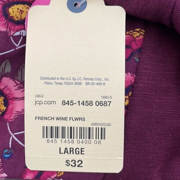 NWT St. John’s Bay Purple long roll up sleeve Flowers  women’s large  ST 11 - Picture 9 of 9